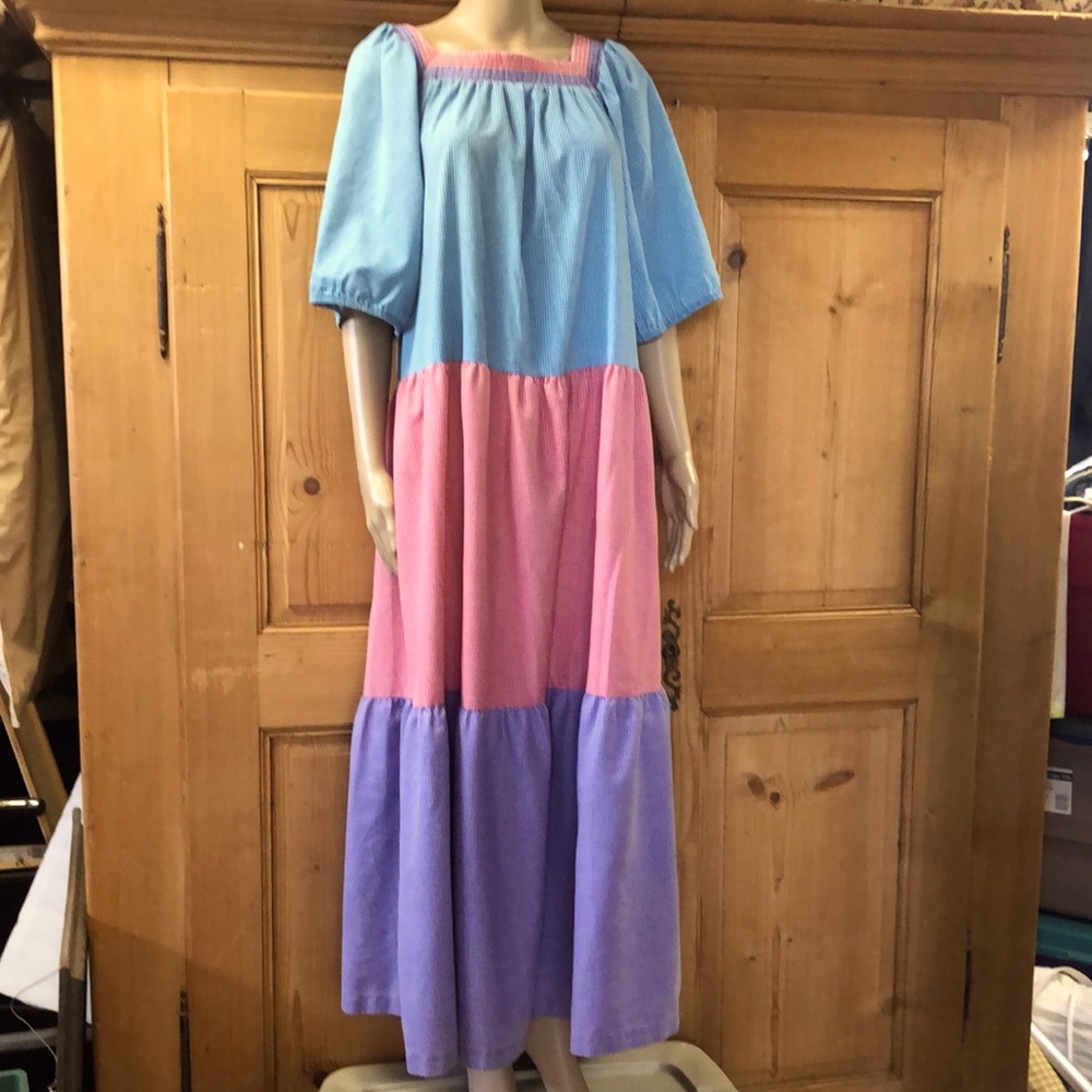 Vintage 80s Tom Bezduda for Badad Co Checkered Dress | Caftan House Coat Duster